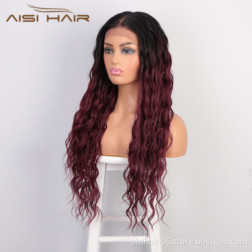 Aisi Hair Topselling 26 Inch Long Wavy Ombre Red Color Wig Body Wave Swiss Lace Wig Synthetic Lace Frontal Wigs For Black Women